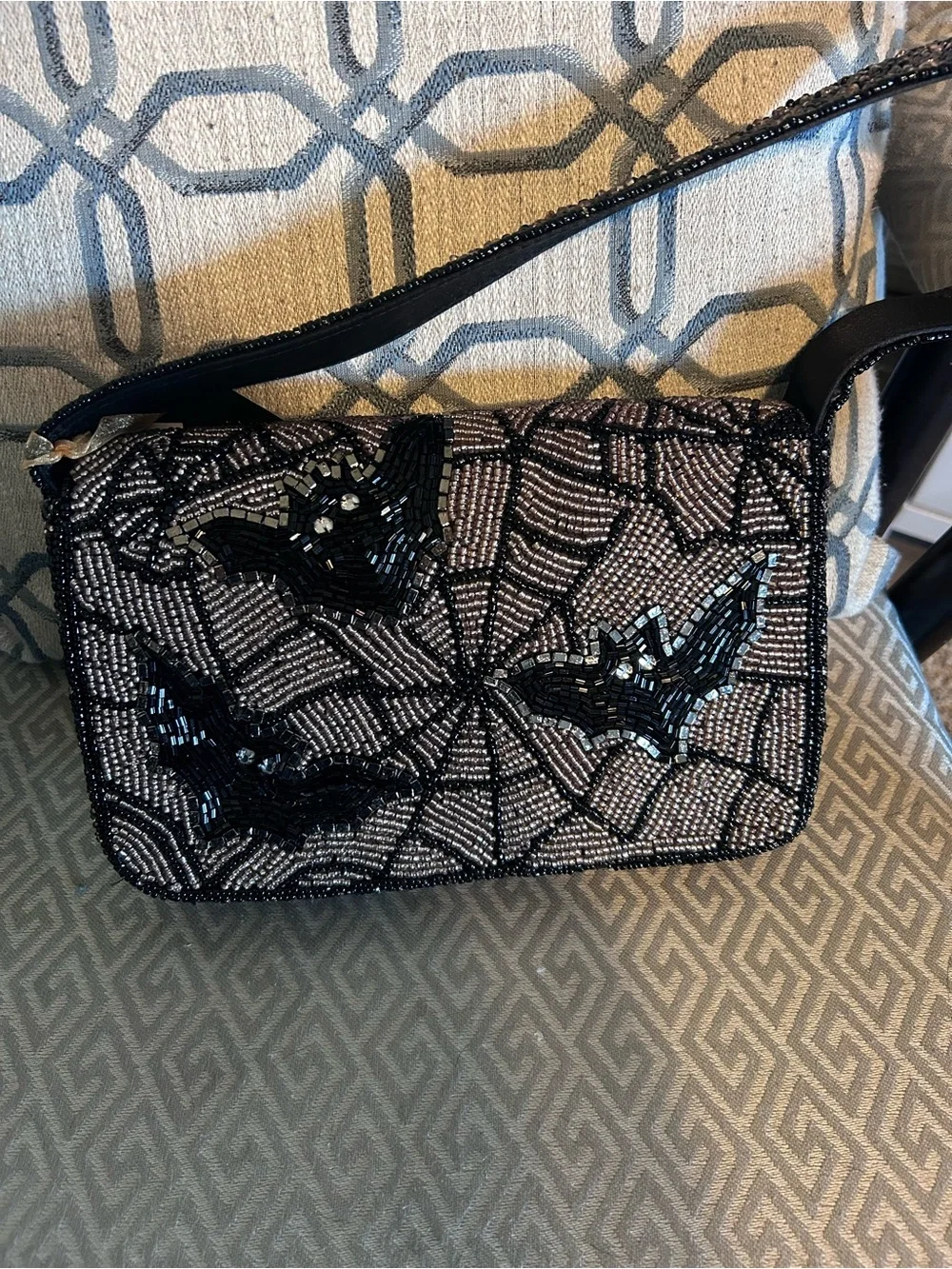 Viral Beaded Bat-Accent Shoulder  Bag - Black Silver